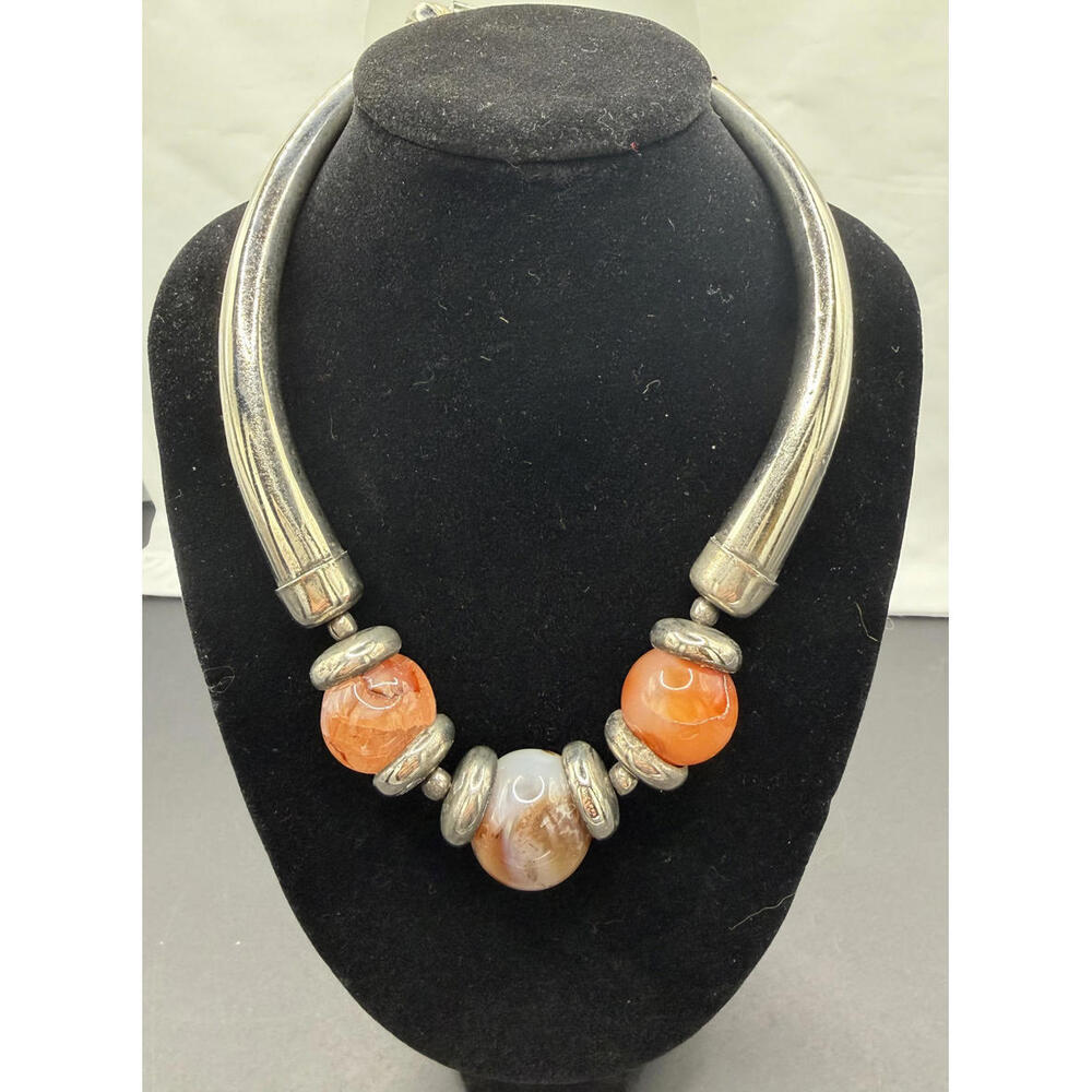 Modernist Vintage Chunky Silver Tone Necklace with Agate Beads